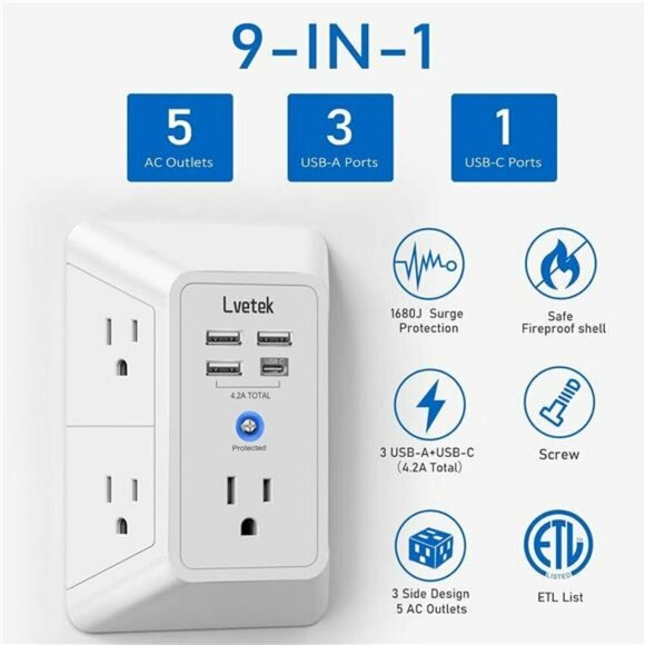 5 Outlet Extender Multi Plug Wall Outlets with 4 USB Charging Ports 1 USB C Out - Picture 4 of 8